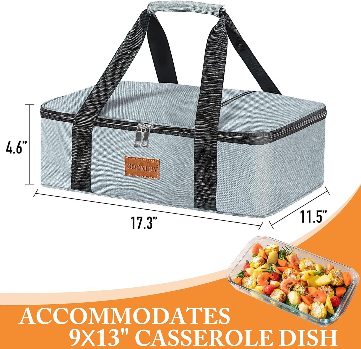 Insulated Casserole Carrier - Single Layer Design, Food Warmer Bag for Hot&Cold Food Travel, Fits 9x13 Casserole Dish, Leak-Proof, Durable Nylon, Zip Pockets, Grey