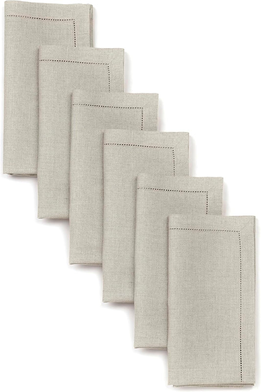 D'Moksha Homes Natural Linen Napkins Set of 6 - Classic Hemstitch 100% Pure Linen Hemstitch Dinner Napkins 20 x 20 Inch for Fall, Thanksgiving, Christmas, Holiday - Handcrafted and Machine Washable