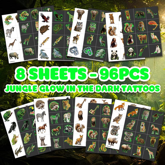 96 PCS Realistic Wildlife Jungle Animal Glow In The Dark Luminous Pre-Cut Temporary Tattoos Sticker Reptile Birthday Party Decorations Supplies Favors Gifts Boys Girls Zoo Cute Fake Tattoo Themed