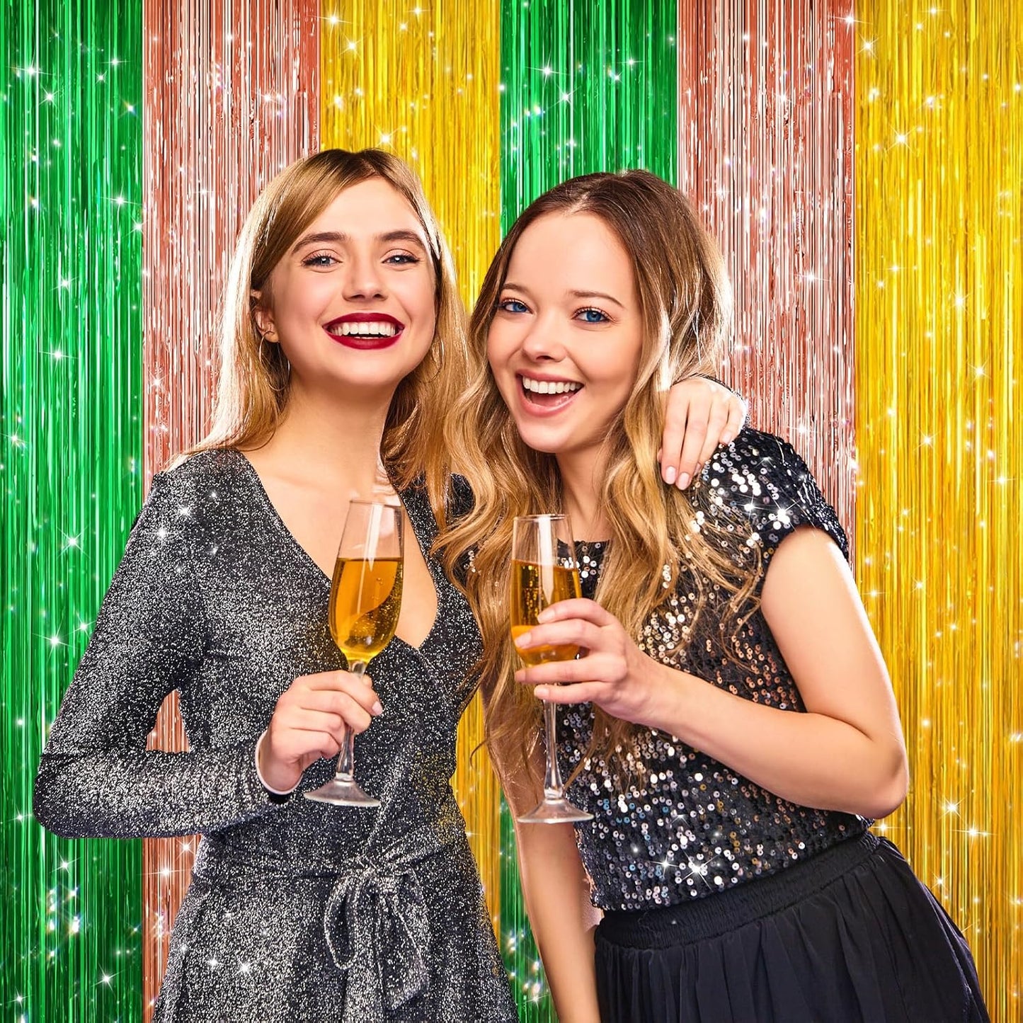 2 Pack Metallic Tinsel Foil Fringe Curtains, Door Streamers Photo Booth Backdrop for Birthday Party, Tinsel Curtain Backdrop for Baby Shower Christmas Party Decorations, Green Rose Gold and Gold