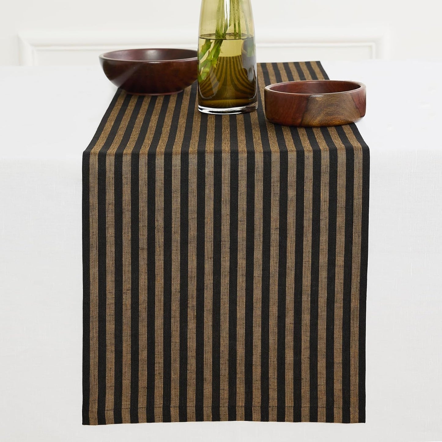 Solino Home Table Runner 108 Inches Long - Amalfi Stripe, 100% Pure Linen Brown Sugar and Black Table Runner 14 x 108 Inch for Dining, Fall, Autumn, Thanksgiving