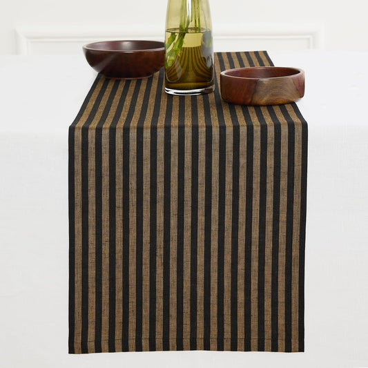 Solino Home Table Runner 120 Inches Long - Amalfi Stripe, 100% Pure Linen Brown Sugar and Black Table Runner 14 x 120 Inch for Dining, Fall, Autumn, Thanksgiving
