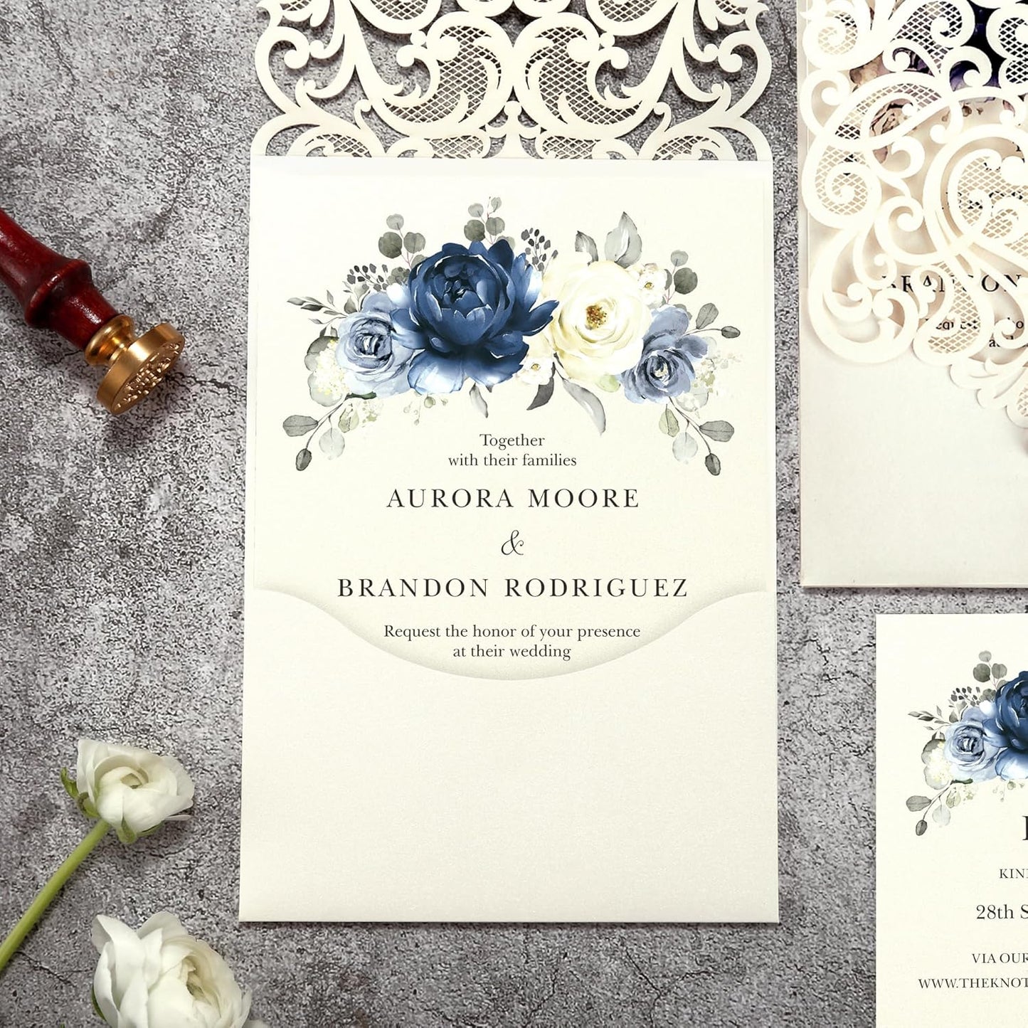 50pcs Laser Cut Wedding Invitations with Envelopes and RSVP Cards Blue and Ivory White, 5x7.3 Personalized Invitation Cards for Wedding, Anniversary Invitations with Rhinestone