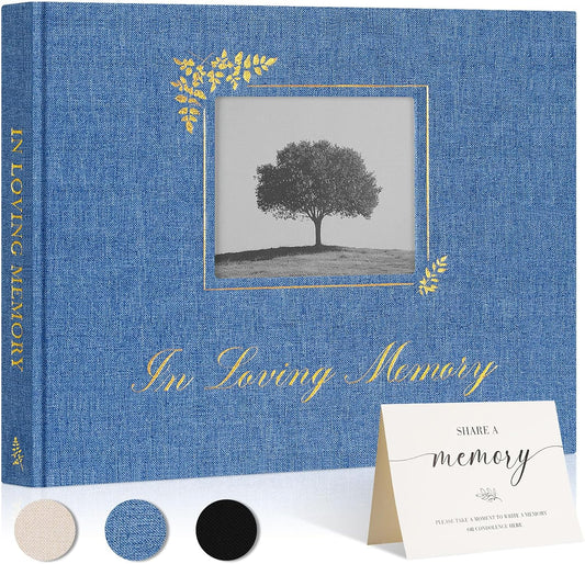 Lanpn Funeral Guest Book for Memorial Service, in Loving Memory Book for Funeral with Table Sign, Funeral Favors Sign in Books with Open Window for Guests Celebration of Life Guest Book, Blue