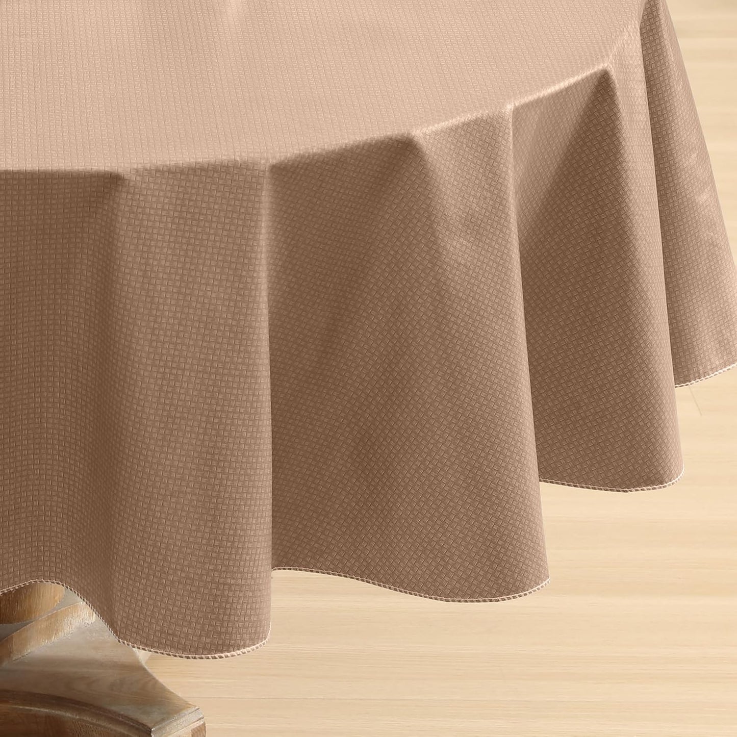 Newbridge Basketweave Vinyl Flannel Backed Tablecloth, 70 Inch Round, Taupe, Basket Weave Textured Indoor Outdoor Waterproof Table Cover for Patio, Kitchen, Dining