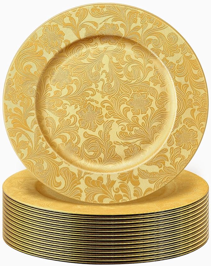 30 Pcs Gold Charger Plates Bulk 13 Inch Embossed Rim Plastic Round Decorative Vintage Plates Charger for Dinner Wedding Party Event Table Setting Decoration (Floral)