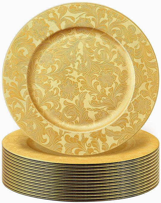 30 Pcs Gold Charger Plates Bulk 13 Inch Embossed Rim Plastic Round Decorative Vintage Plates Charger for Dinner Wedding Party Event Table Setting Decoration (Floral)