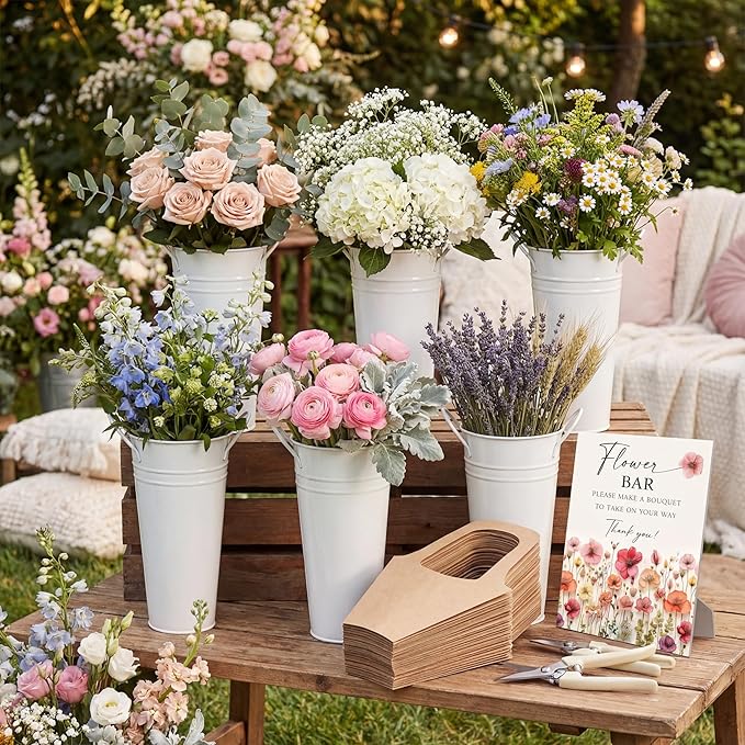 LEIFIDE 39 Pcs Flower Bar Buckets Set Kit Bloom Bar Supplies Include Wood Sign Gift Bags Iron Bucket Garden Flower Shears for Valentine Days Wedding Bridal Shower Table Centerpieces (Light Beige)