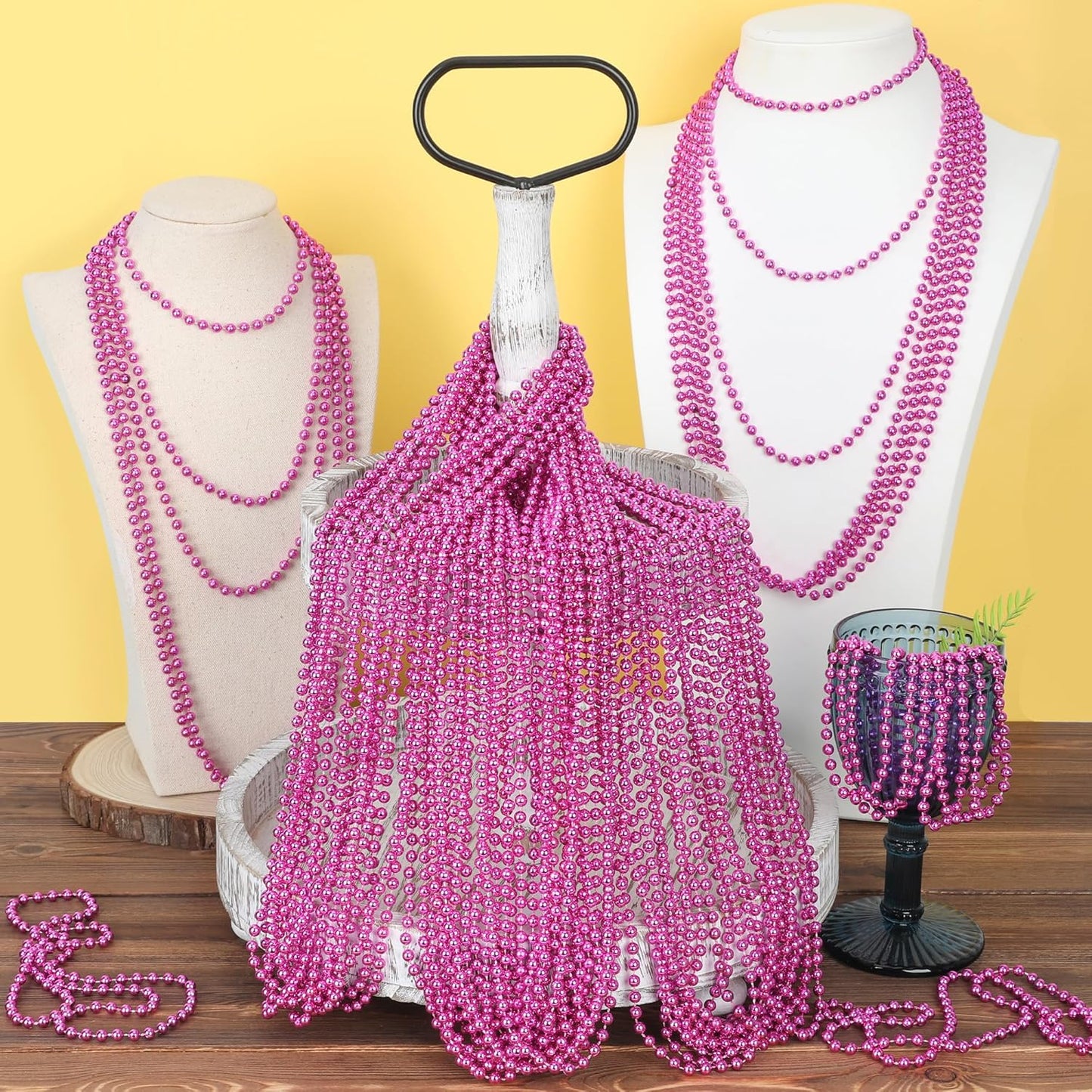 Pink Beaded Necklace, 15PCS Breast Cancer Awareness Accessories, 33" Mardi Gras Beads Necklace Bulk, Festival Parade Throw for Breast Cancer Awareness Wedding Gender Reveal Party Events Supplies