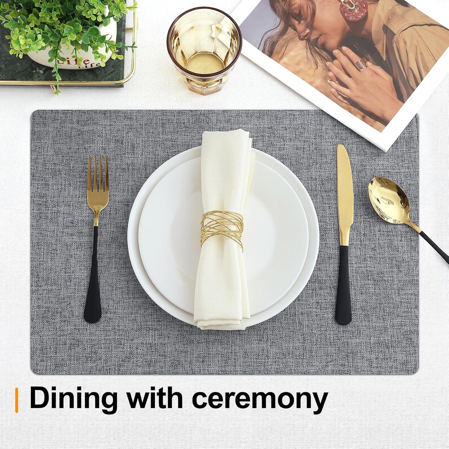 Homaxy Cloths Placemats for Dining Table Set of 6, Heat Resistant Washable Cotton Linen Blend Table Mats, Easy to Clean Place Mats for Indoor Outdoor Party Kitchen Decoration, 13" x 19", Dark Grey