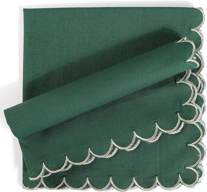FINGERCRAFT Cloth Napkins, Everyday Use Scallop Design with Golden Zari, Premium Quality Natural Cotton Napkin Cloth Set of 6 Perfect for Parties Dinners Weddings Christmas 20x20 inch Eden Green