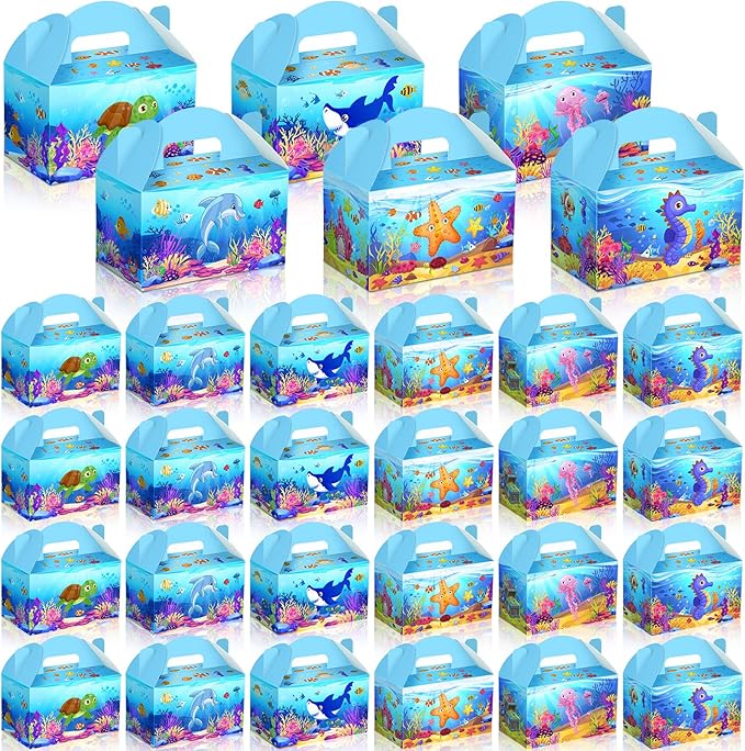 24 Pcs Under The Sea Party Favor Treat Boxes Ocean Shark Turtle Dolphin Goodie Candy Gift Boxes for Birthday Ocean Animals Party Favors Supplies