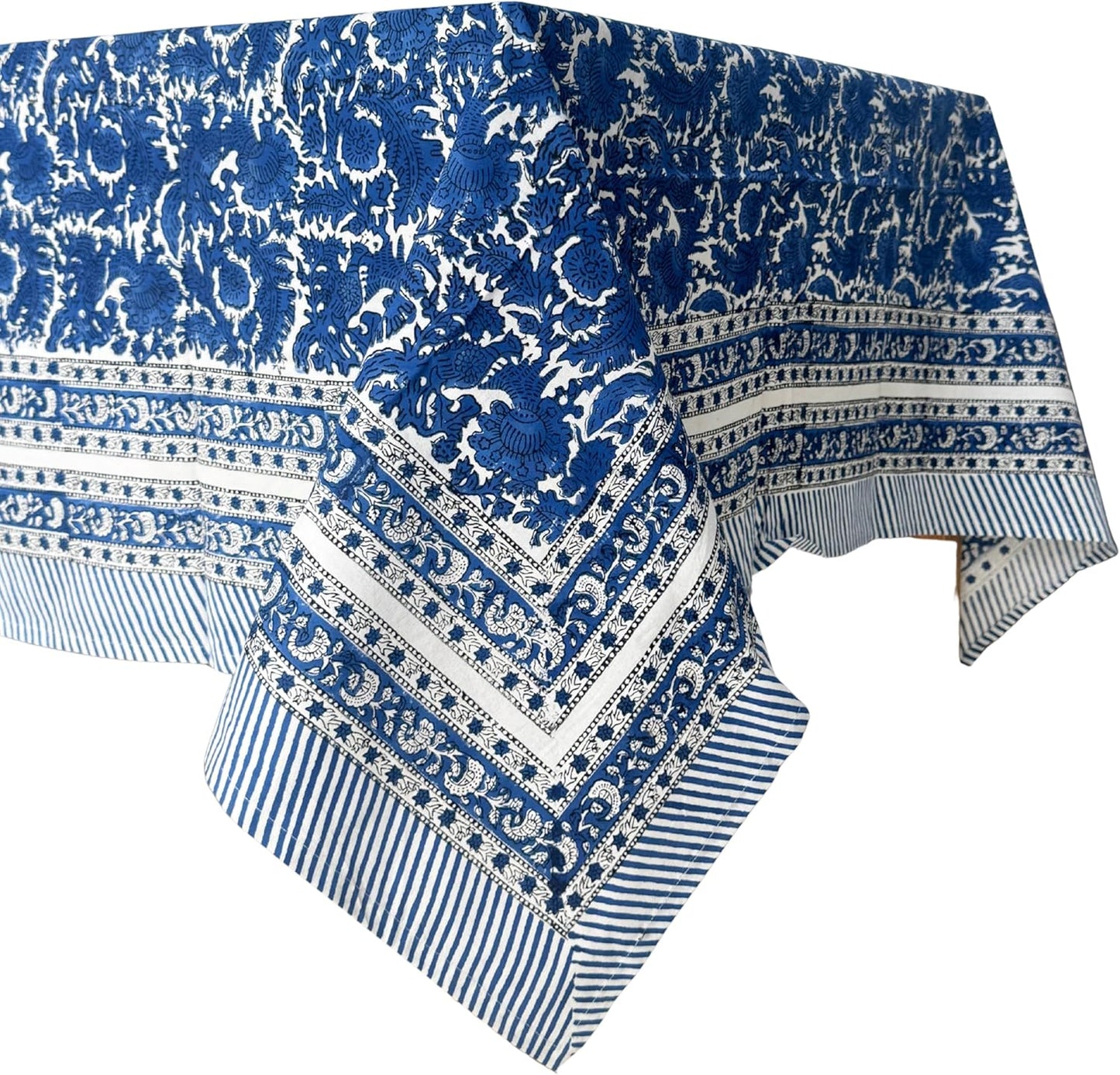 ATOSII Paradise Blue 100% Cotton Rectangle Summer Tablecloth, Handblock Floral Print Linen Table Cloth for Kitchen Dining I Parties, Weddings, Outdoors, 60 X 108 Inches I 8 Seater