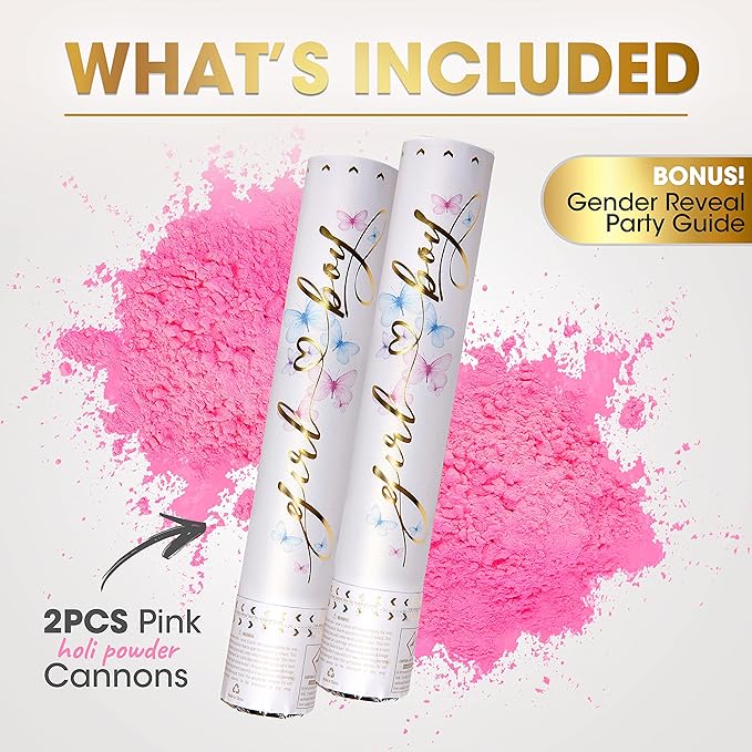 PrimePure Gender Reveal Confetti Cannon - Biodegradable Powder Cannons Smoke Bomb - Pink, 2 Pack - Party Poppers Baby Powder Pink Confetti Poppers for Baby Girl Gender Reveal Party