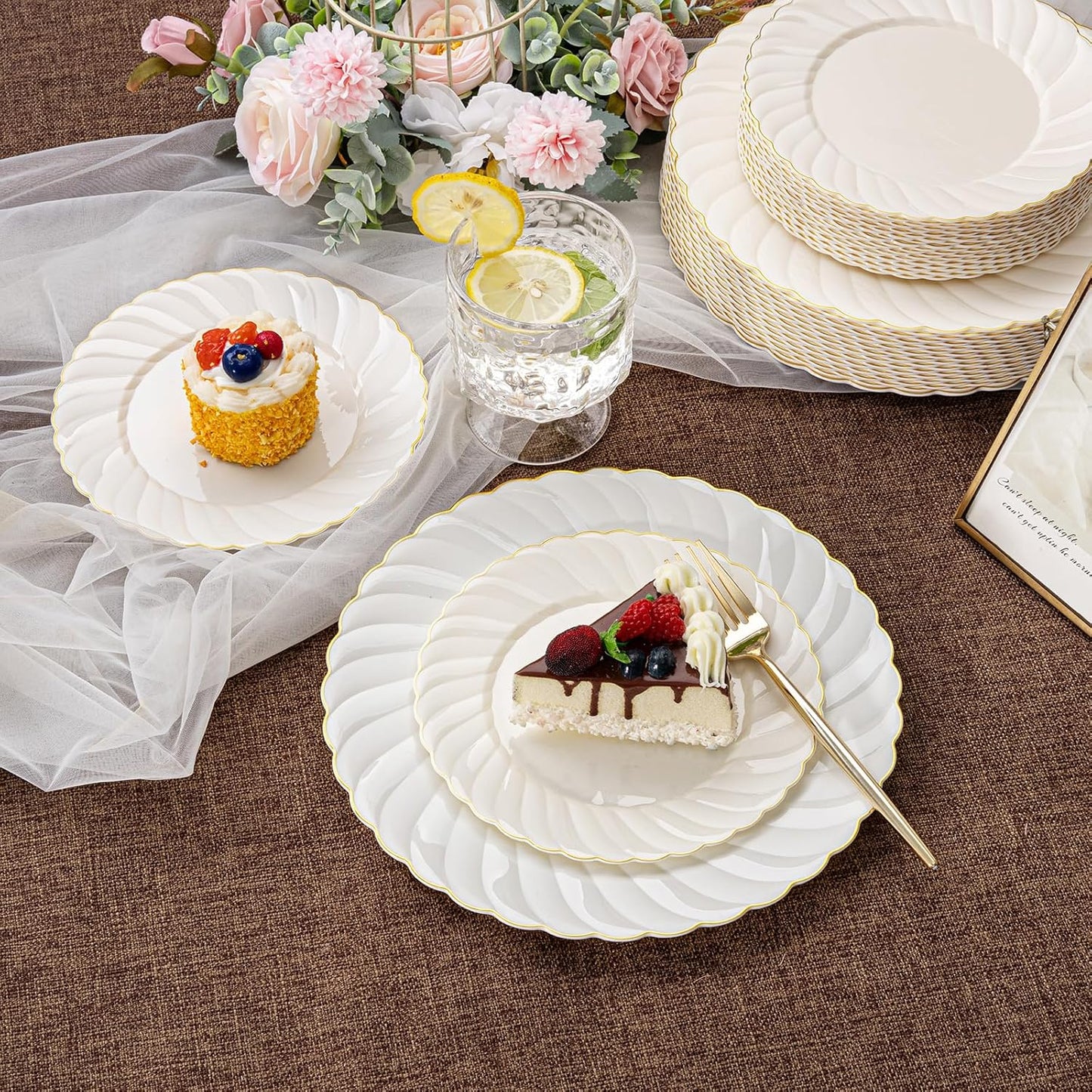 U-QE 60 Pcs Thanksgiving Plates Disposable – Ivory Scalloped Plastic Plates with Gold Trim – Elegant Plastic Plate Include 30 10.25" Dinner & 30 7.25" Dessert Plate for Party, Friendsgiving & Fall