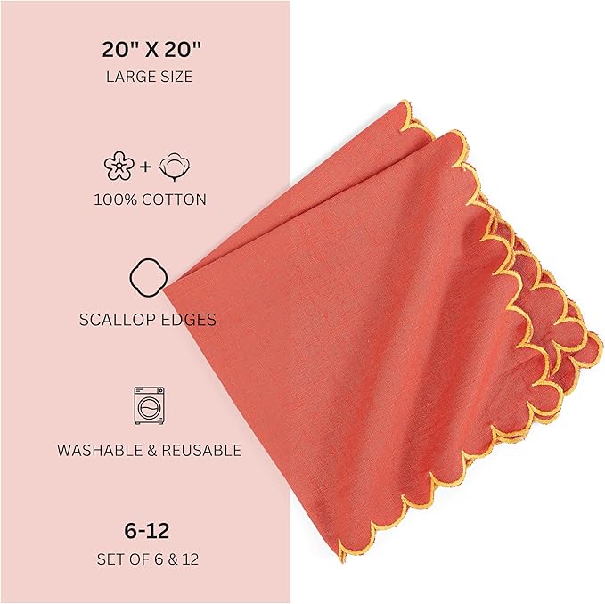 FINGERCRAFT Cloth Napkins, Everyday Use Scallop Design, Premium Quality Natural Cotton Napkin Set of 6 Perfect for Parties Dinners Weddings Easter Napkin Cloth 20x20 inch Rust/Gold