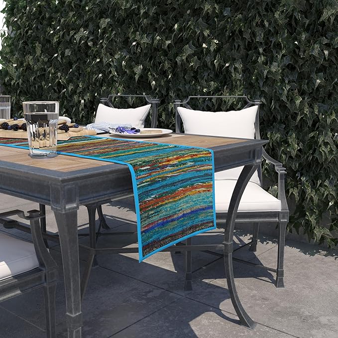 Trade Star Reversible Bedside Runner Designed Table Mat Handloomed Rug Runner Perfectly Highly Durable Decorative Upcycled Fabric Table Placemat (Turquoise)