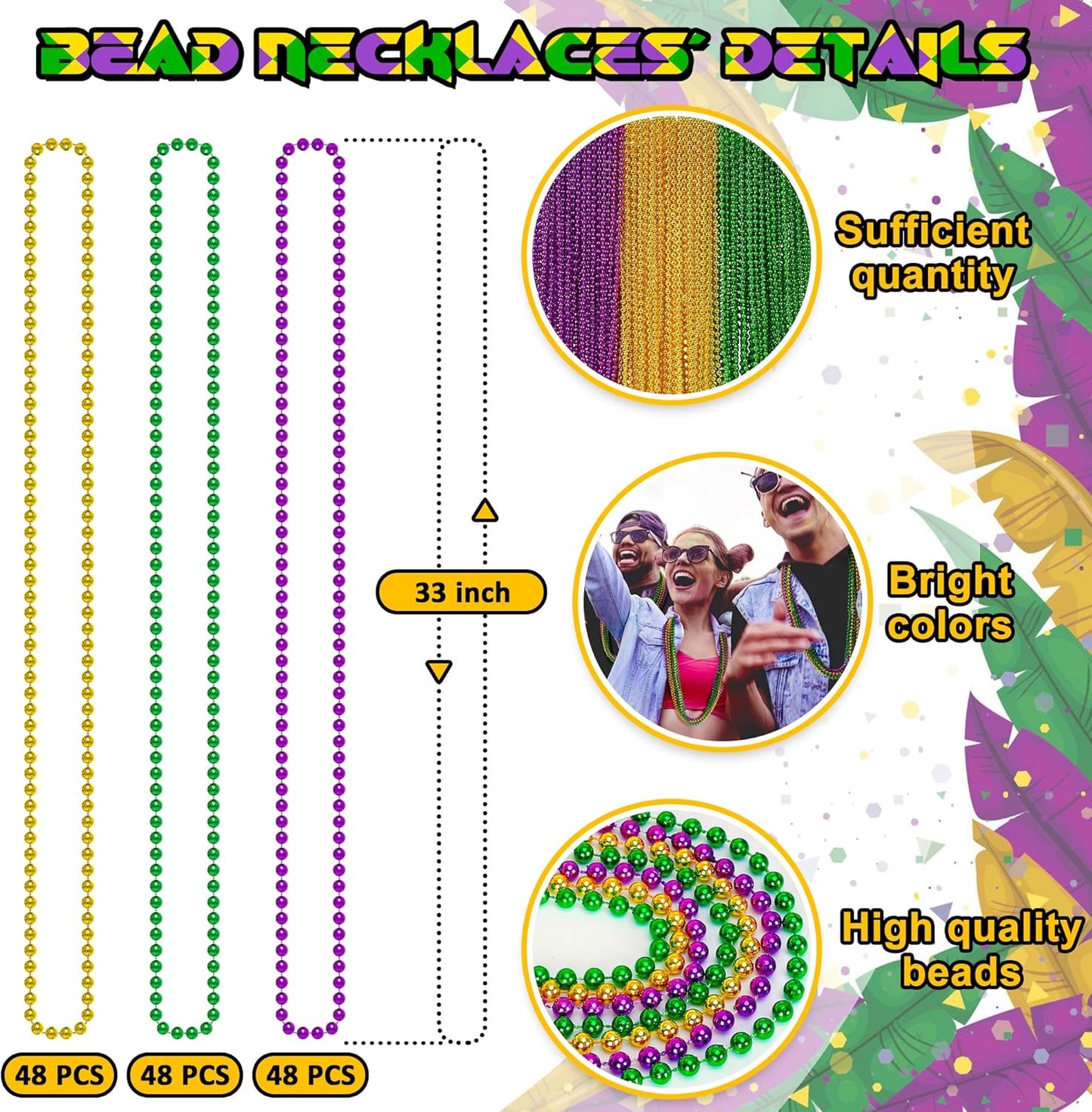 144PCS Mardi Gras Beads, Mardi Gras Green Purple Gold Metallic Necklaces Accessories Bulk, Mardi Gras Beads Necklace Costumes for Parade Throws Party Decorations Favor Supplies