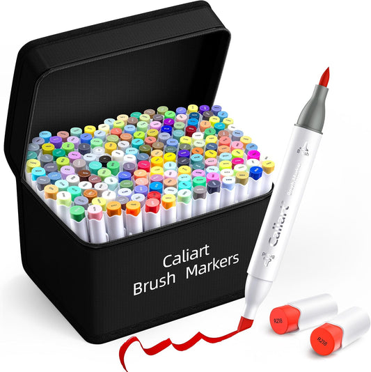 Caliart Markers Brush Tip & Chisel, 168 Colors Dual Tip Alcohol Markers for Adults Coloring Book, Permanent Art Pen Set for Professional Artists Illustration Sketch Drawing Gifts