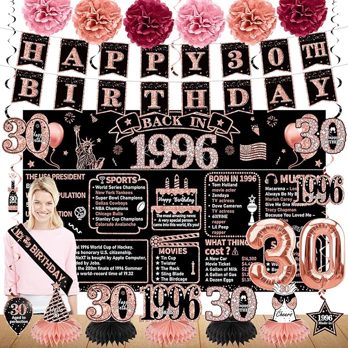 Zirtorei 30th Birthday Decorations for Women, 21pcs the Year 1996 Banner Balloon Party Supplies, Rose Gold 30 Year Old Birthday Backdrop, 30 Bday Honeycomb Centerpiece Hanging Swirls Sash Gifts
