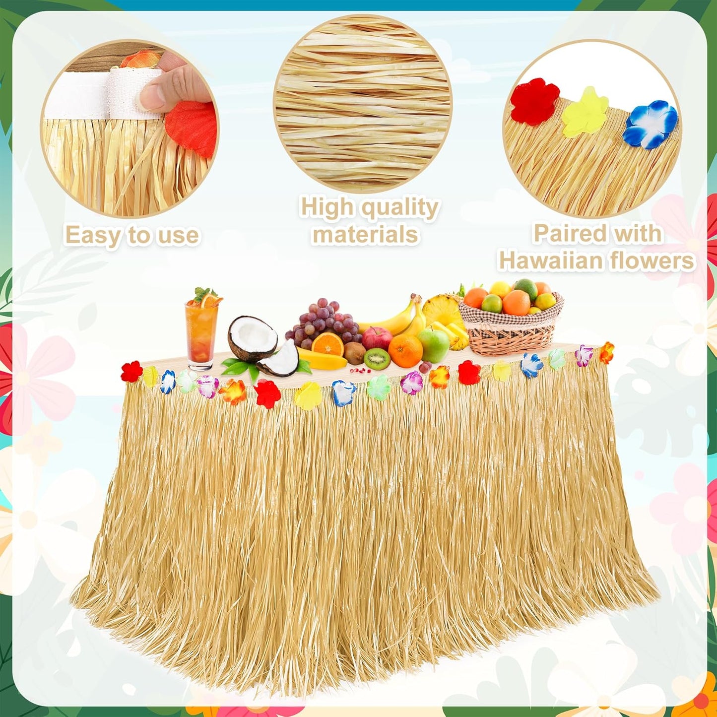 24PCS Hawaiian Table Skirt, Gold Luau Themed Grass Table Skirt Party Supplies, Indoor Outdoor 108 X 29.5" Flower Tropical Hula Dance Parties Supplies Bulk, Table Skirt for Summer Beach Themed Party