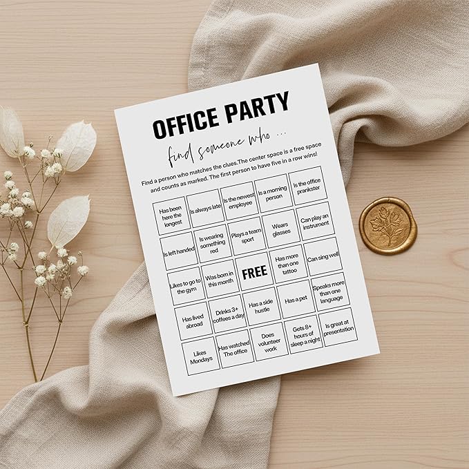 Sahjzk Office Bingo Cards, 25 Unique Randomized 5x7 Sheets, Get to Know You Bingo Game for Adults, Ice Breaker Office Party Games, Team Building Games for Work, High Replay Value - B005