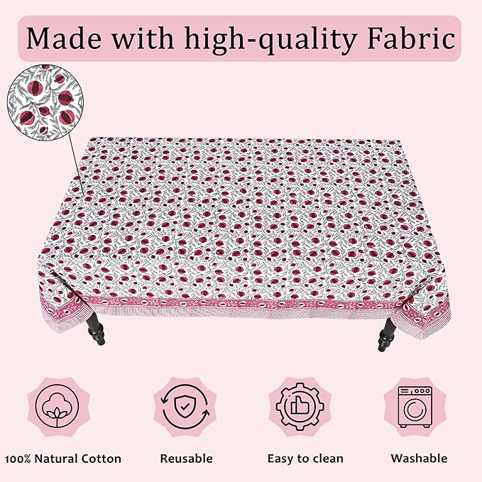 Ridhi -Sangria Red Cotton Tablecloth, Handblock Print Floral Table Cloth for Kitchen Dining Linen I Thanksgiving, Christmas, Wedding, Fall Décor 4 Seater 60x60 Inches Square