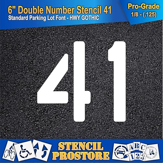Pavement, Curb, and WheelStop Stencils - 6 inch Double Number Stencil - (41) - 6" x 6" x 1/8" (128 mil) - Pro-Grade