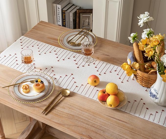 Caflife Boho Table Runner 13 x 48 Inch Long Natural Cotton Woven Runner with Tassels for Home Dining Table décor, for Modern Farmhouse Decor Coffee Table Runner, Rust and Beige