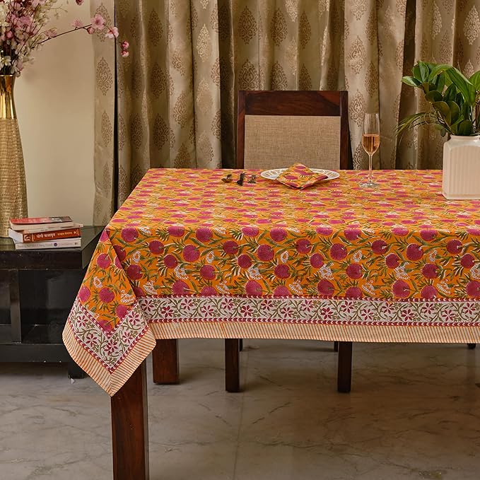 Ridhi Hand Block Print Bubblegum Pink Rectangle Cotton Tablecloth 190" x 72" Reusable Table Cover Decorative Everyday Use for Dining, Farmhouse, Home Gift for Spring, Easter, Valentine