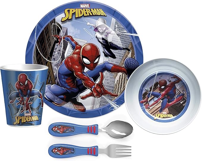 Zak Designs 5-Piece Dinnerware Set, Marvel Spider-Man - Durable Plastic & Stainless Steel - Includes Tumbler, 8-Inch Plate, 6-Inch Bowl, Fork & Spoon - Suitable for Kids Ages 3+