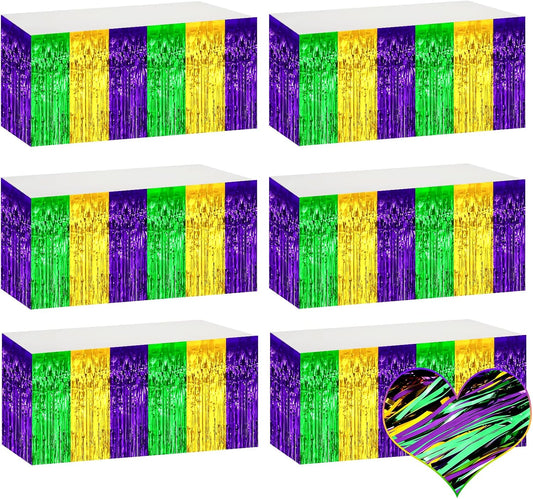 6 Pack 29x108 Inch Mardi Gras Metallic Foil Fringe Table Skirts Banner for Tinsel Streamer Garland Curtains Backdrop for Parade Floats Baby Shower Birthday Birthday Party Decoration(Gold Green Purple)