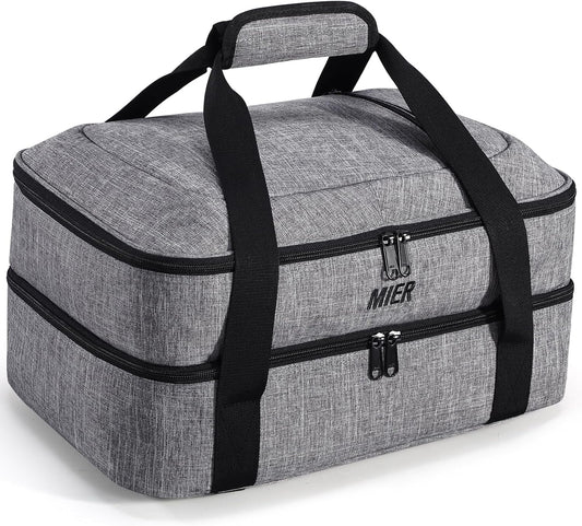 MIER Insulated Casserole Carrier Fits 9"x13" Baking Dishes/Foil Pans, Double Food Carriers Bag Thermal Holder for Hot or Cold Food Lasagna Lugger Potluck Parties Picnic Travel, Gray
