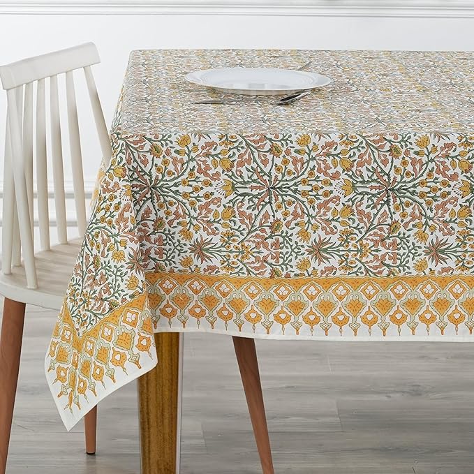 Ridhi - Goldenrod Yellow Hand Block Print Cotton Cloth Dinning Table Cover Wedding Farmhouse Thanks Giving Christmas Spring Tablecloth 4 Seater 60x60 Inches