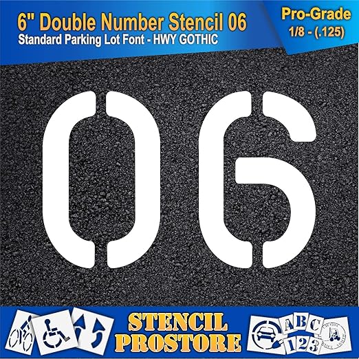 Pavement, Curb, and WheelStop Stencils - 6 inch Double Number Stencil - (06) - 6" x 9" x 1/8" (128 mil) - Pro-Grade