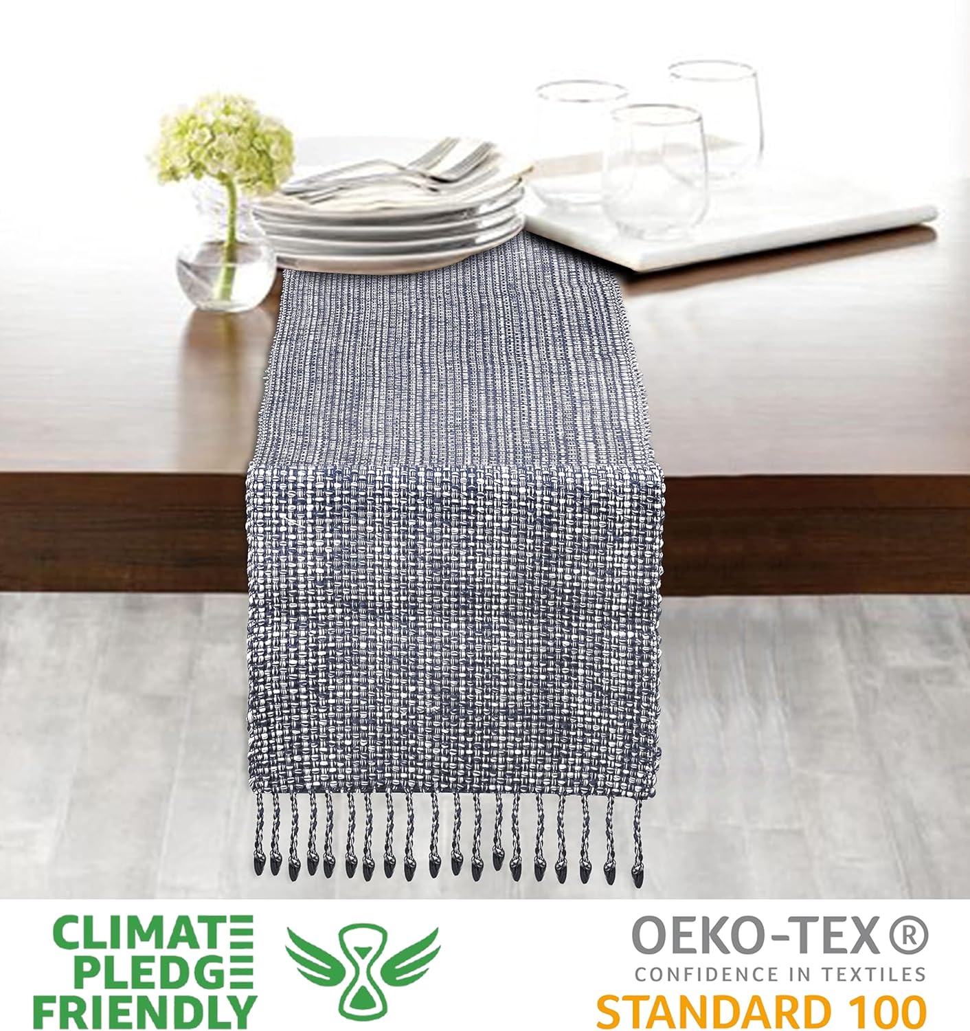 Urban Villa Two Tone Table Decor - 14x72 Blue/White w/Fringes - Cotton Table Runner for Dining, Kitchen, Everyday Use