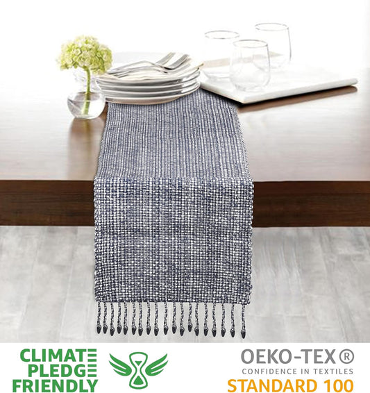 Urban Villa Two Tone Table Decor - 14x72 Blue/White w/Fringes - Cotton Table Runner for Dining, Kitchen, Everyday Use