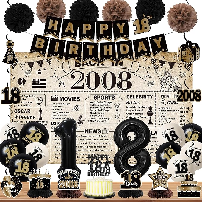 DARUNAXY 18th Birthday Party Decorations for Boys, Vintage Back in 2008 Banner, Black 18 Number Balloons & Cake Topper, Vintage 2008 Sweet 18 Birthday Honeycomb Hanging Swirl Confetti Balloons(30PC)