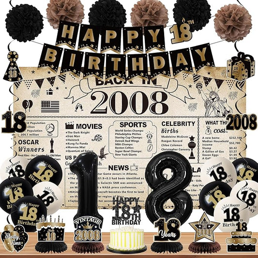 DARUNAXY 18th Birthday Party Decorations for Boys, Vintage Back in 2008 Banner, Black 18 Number Balloons & Cake Topper, Vintage 2008 Sweet 18 Birthday Honeycomb Hanging Swirl Confetti Balloons(30PC)