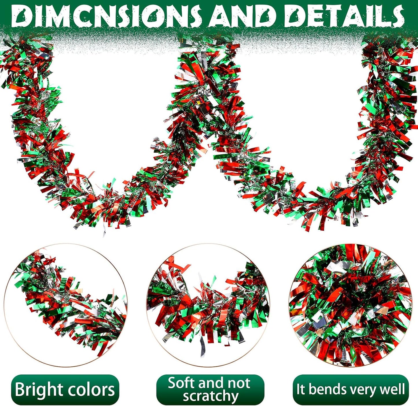 Sosation 100 ft Christmas Tinsel Garland Christmas Tree Twist Garland Bulk Glitter Metallic Streamer Indoor Outdoor Hanging Xmas Decorations(Silver Red Green)