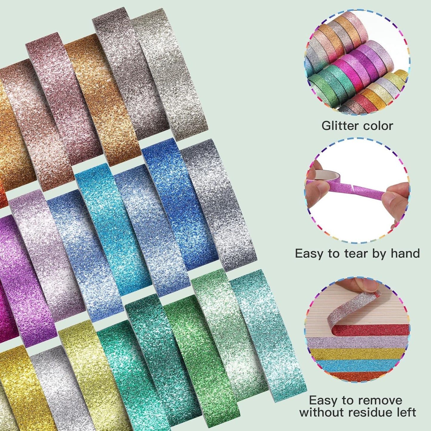 Eaasty 30 Rolls Glitter Washi Tape Colored 66 Yard Rainbow Metallic Tape Decorative Adhesive for Art Scrapbook DIY Craft Projects Gift Wrapping Decor