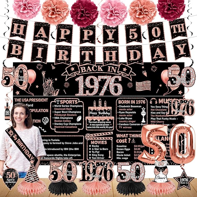 Zirtorei 50th Birthday Decorations for Women, 21pcs the Year 1976 Banner Balloon Party Supplies, Rose Gold 50 Year Old Birthday Backdrop, 50 Bday Honeycomb Centerpiece Hanging Swirls Sash Gifts