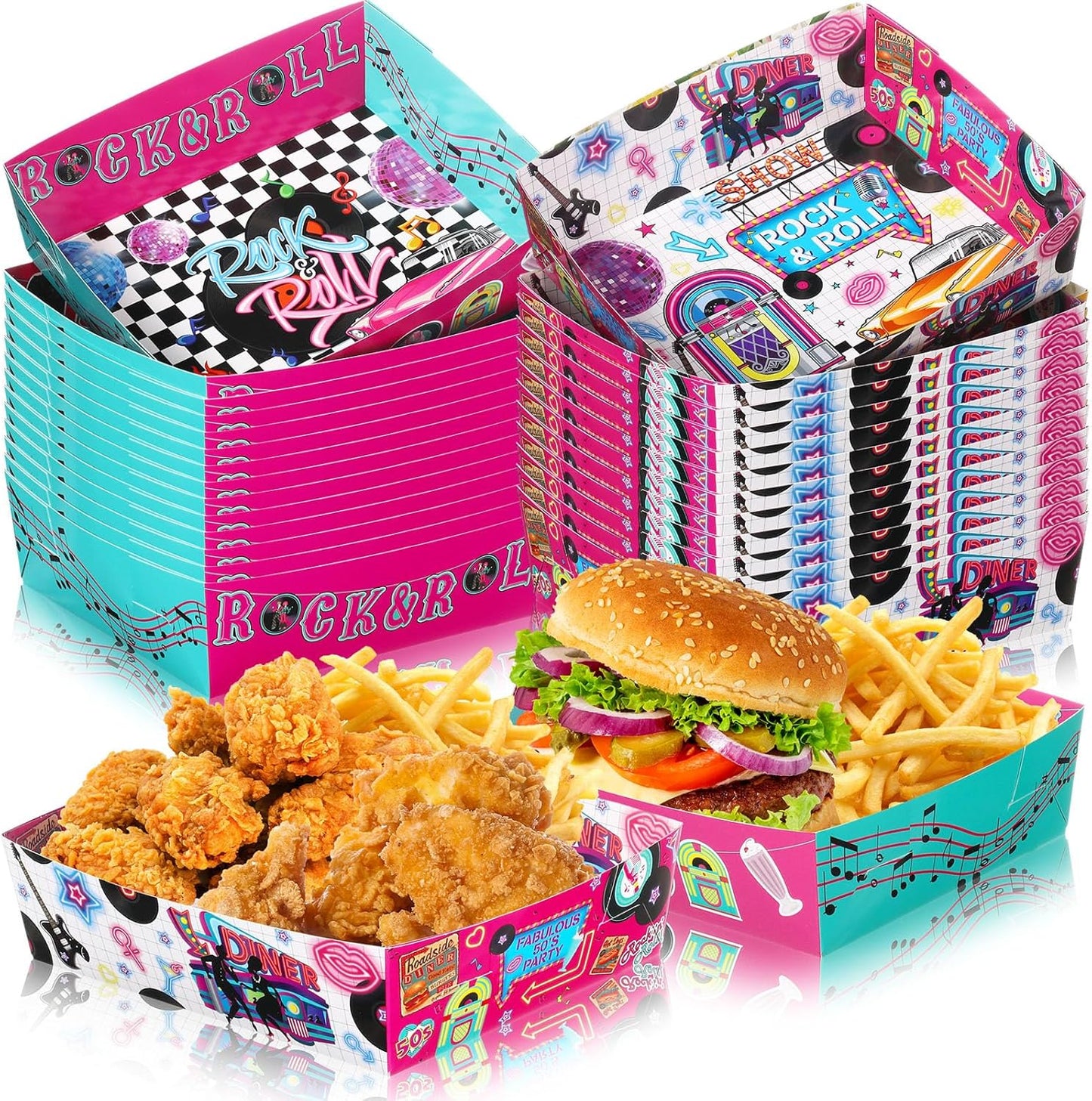 Layhit 36 Pcs 1950s Party Supplies 5 lb Food Boats Large Paper Serving Trays Burger Fries Hot Dog Taco BBQ Popcorn for Rocking Music Sock Hop Birthday 1950s Theme Party
