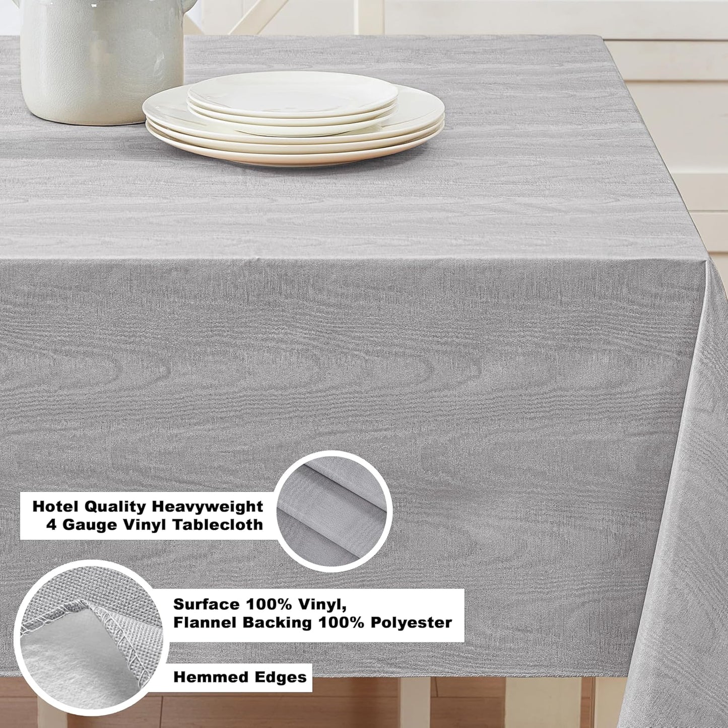 Newbridge Vinyl Flannel Backed Tablecloth, 52 x 70 Inch Rectangle, Grey Moire Wavy Solid Design, Heavyweight Indoor Outdoor Waterproof Table Cover, Easy Care Wipe Clean