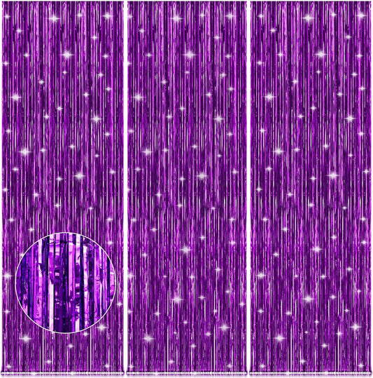 Accevo 3Pack Purple Party Streamers 3.2ft x 8.2ft Foil Fringe Curtain Metallic Streamer Curtains Mermaid Themed Birthday Party Decorations Tinsel Curtain for Parties Streamers for Photoshoot Decor