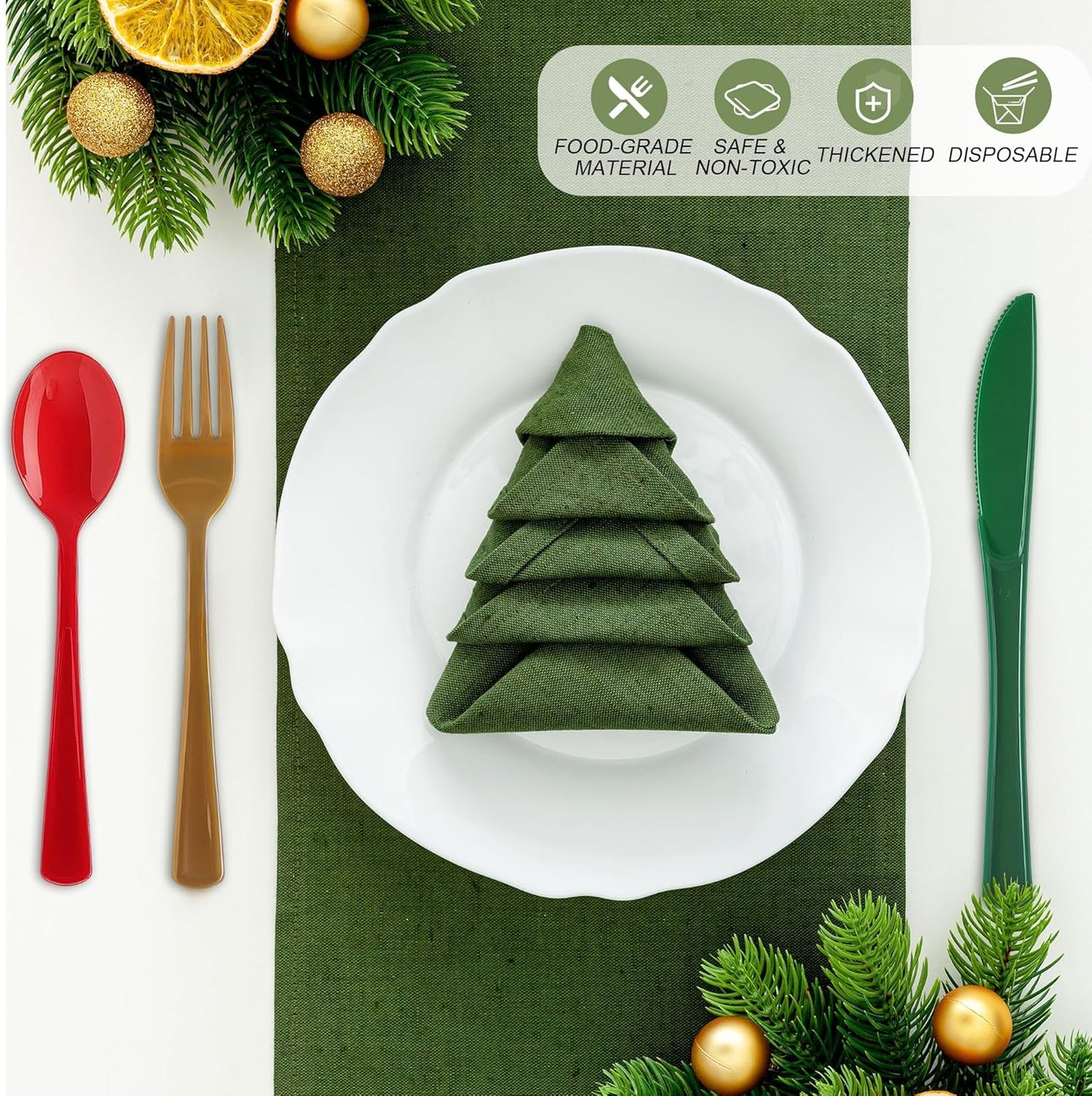 300 Pieces Christmas Plastic Silverware Heavy Duty Plastic Cutlery Set Heavyweight Disposable Flatware Includes Christmas Spoons Forks Knifes for Christmas New Year Party