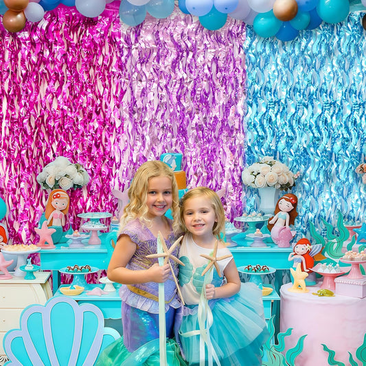 ADLKGG 3 Pack Wavy Foil Fringe Curtain, Pink Purple Blue Streamers Water Beach Backdrop for Mermaid Theme Birthday Decorations Under The Sea Party Decorations, Summer Holiday Party, 3.3x6.6 Feet