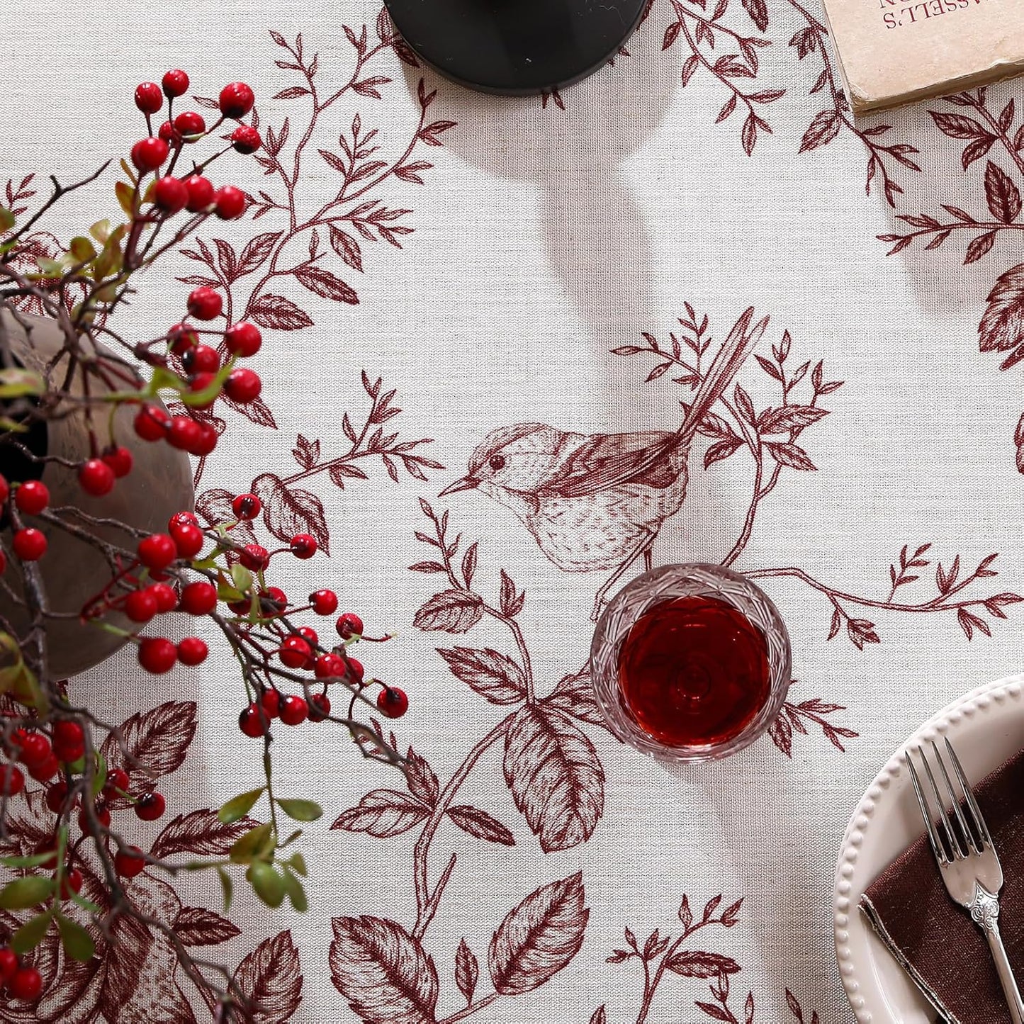ISAENNE Designer Vintage Linen Square Tablecloth,Red Floral Pattern Linen Stain Resistant Table Cloth,Decor Tablecloths for Dining Thanksgiving Kitchen Christmas Party,67"*67"-Harmony