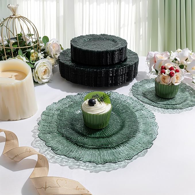 U-QE 60PCS Clear Green Plastic Plates - Green Plates Disposable Heavy Duty - Disposable Plastic Plate for Party, Weddings and Formal Occasions Including 30 Dinner Plate 10" & 30 Appetizer 7"