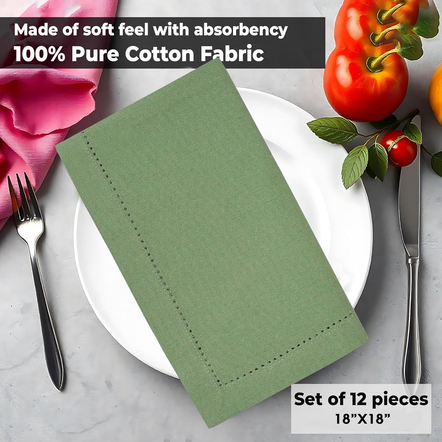 Urban Villa Fall Cloth Napkins Set of 12 100% Cotton Sage Color Hemstitch Dinner Napkins Cloths Washable 20”x20” Absorbent Soft Durable Reusable-Ideal for Everyday Use Parties Wedding Thanks Giving